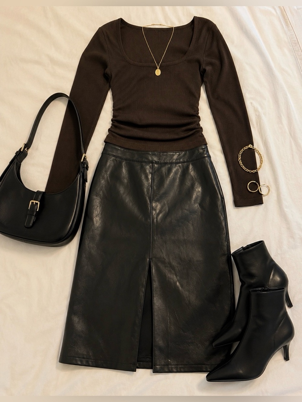 Aritzia Babaton Black Faux Leather Pencil Skirt with Center Slit